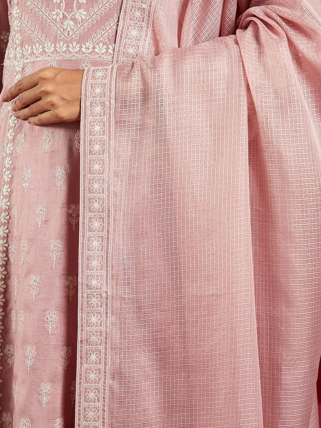 Libas Art Dusty Pink Embroidered Silk A-Line Kurta With Trousers & Dupatta