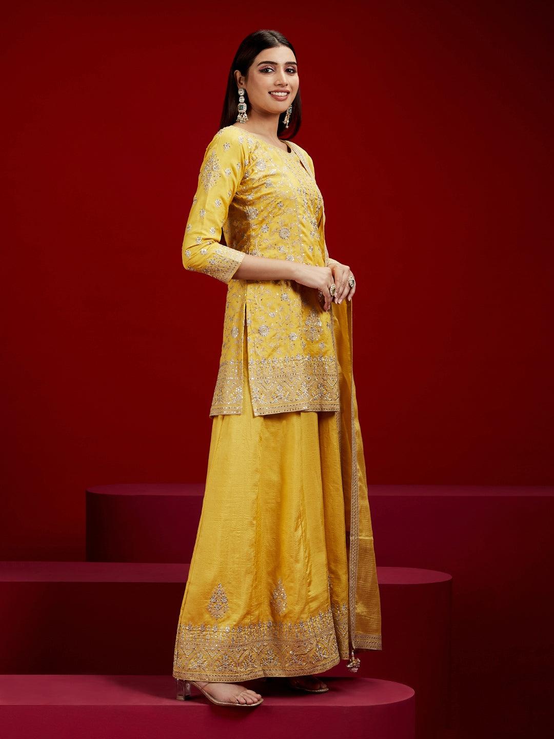 Libas Art Yellow Embroidered Silk Straight Kurti With Palazzos & Dupatta - ShopLibas