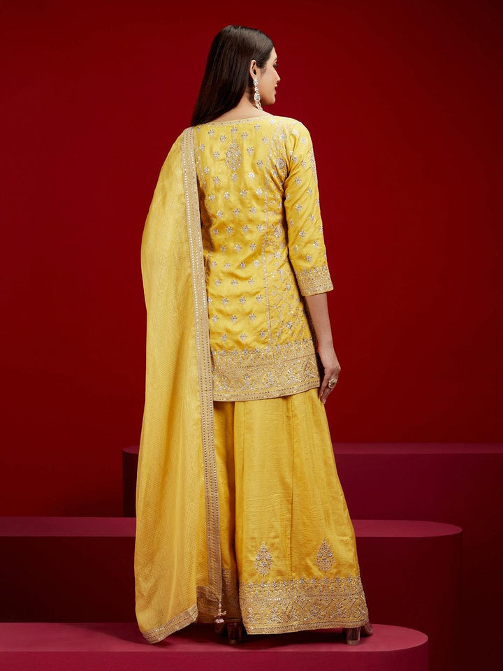 Libas Art Yellow Embroidered Silk Straight Kurti With Palazzos & Dupatta - ShopLibas