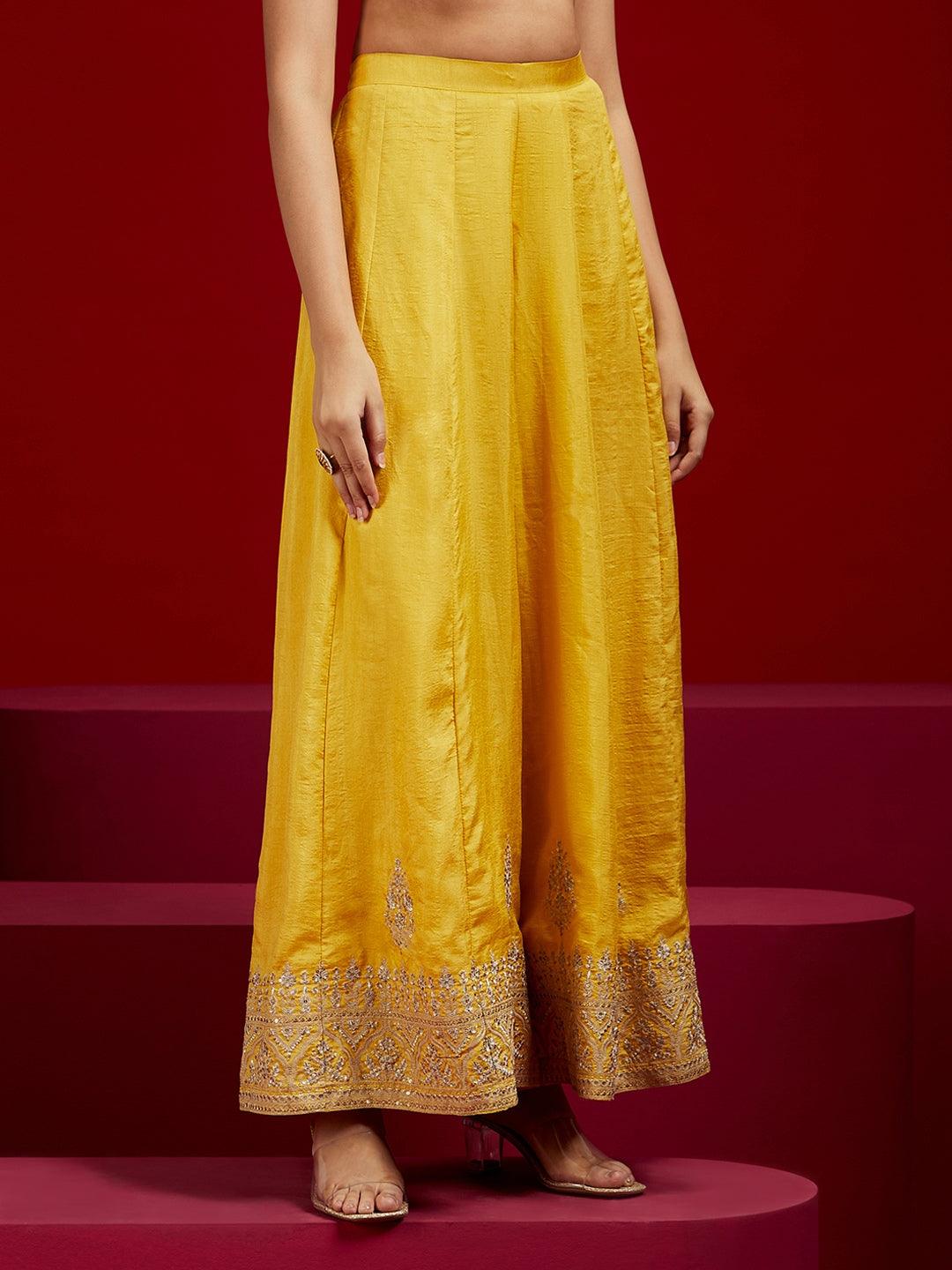 Libas Art Yellow Embroidered Silk Straight Kurti With Palazzos & Dupatta - ShopLibas