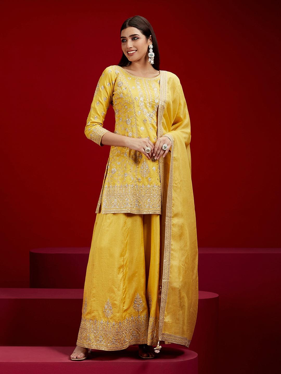 Libas Art Yellow Embroidered Silk Straight Kurti With Palazzos & Dupatta - ShopLibas