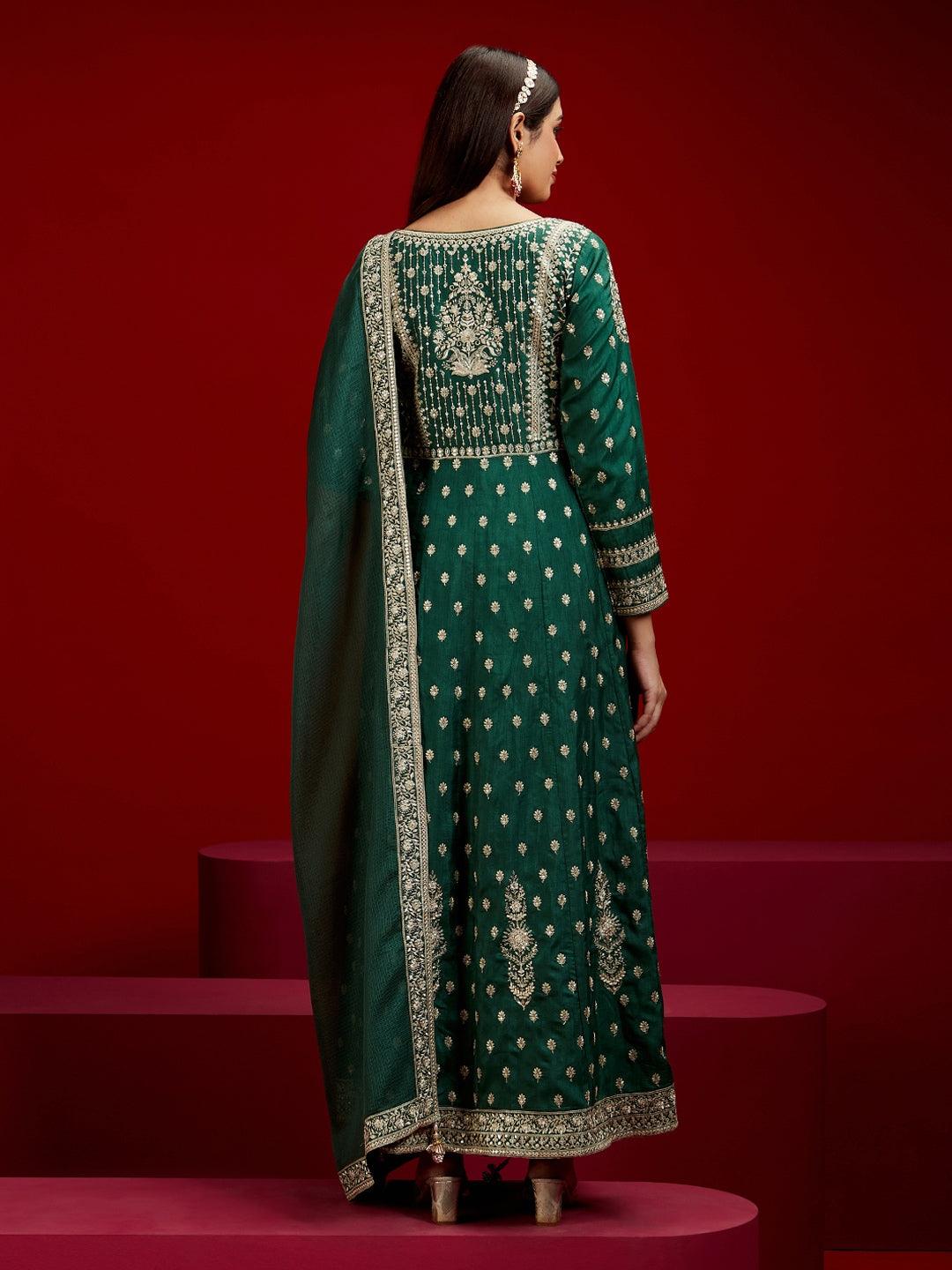 Libas Art Bottle Green Embroidered Silk A-Line Kurta With Trousers & Dupatta