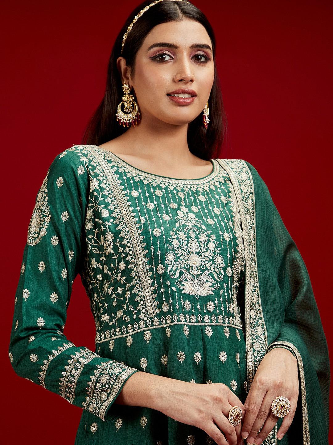 Libas Art Bottle Green Embroidered Silk A-Line Kurta With Trousers & Dupatta - ShopLibas