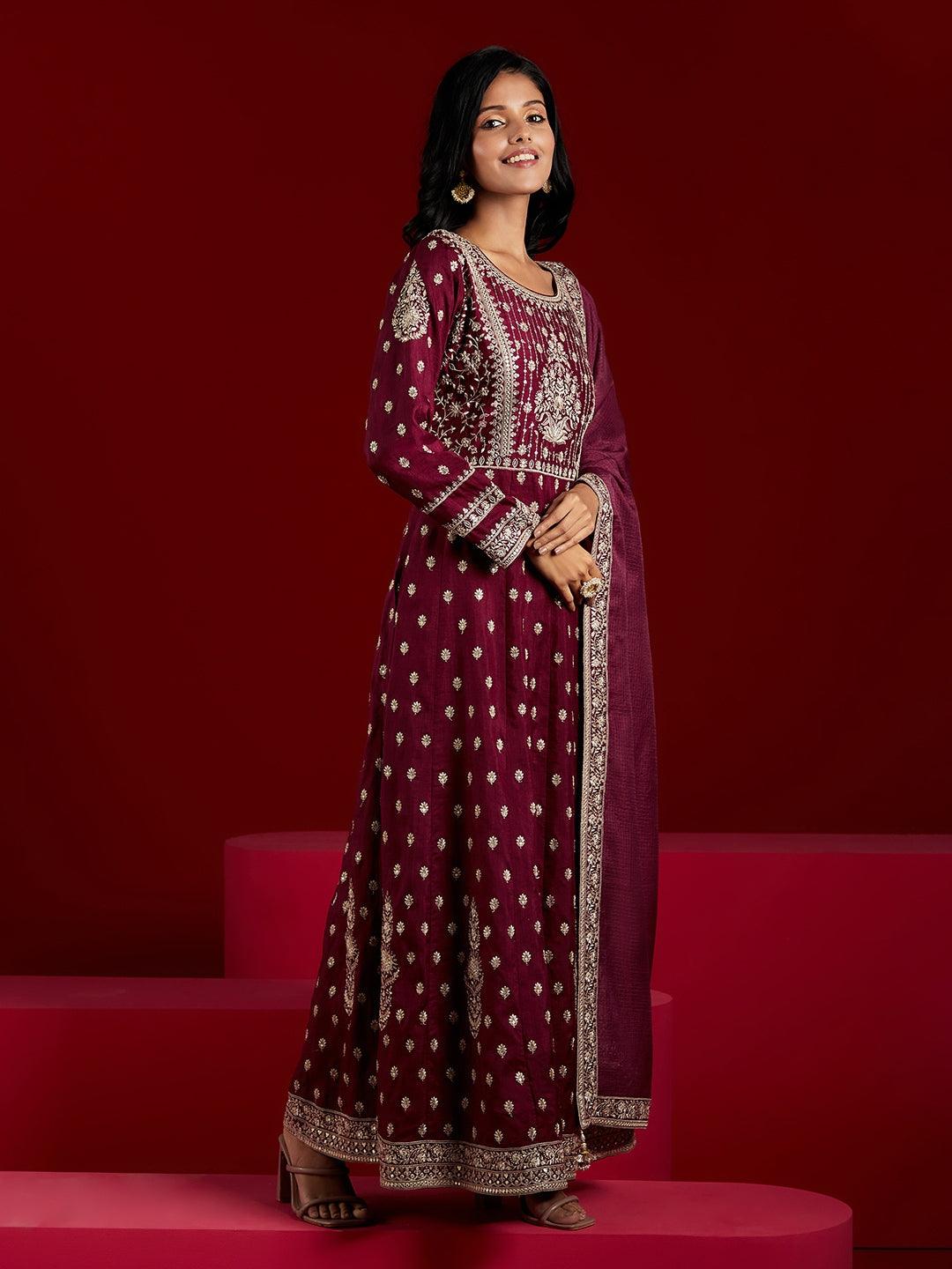 Libas Art Wine Embroidered Silk A-Line Kurta With Trousers & Dupatta