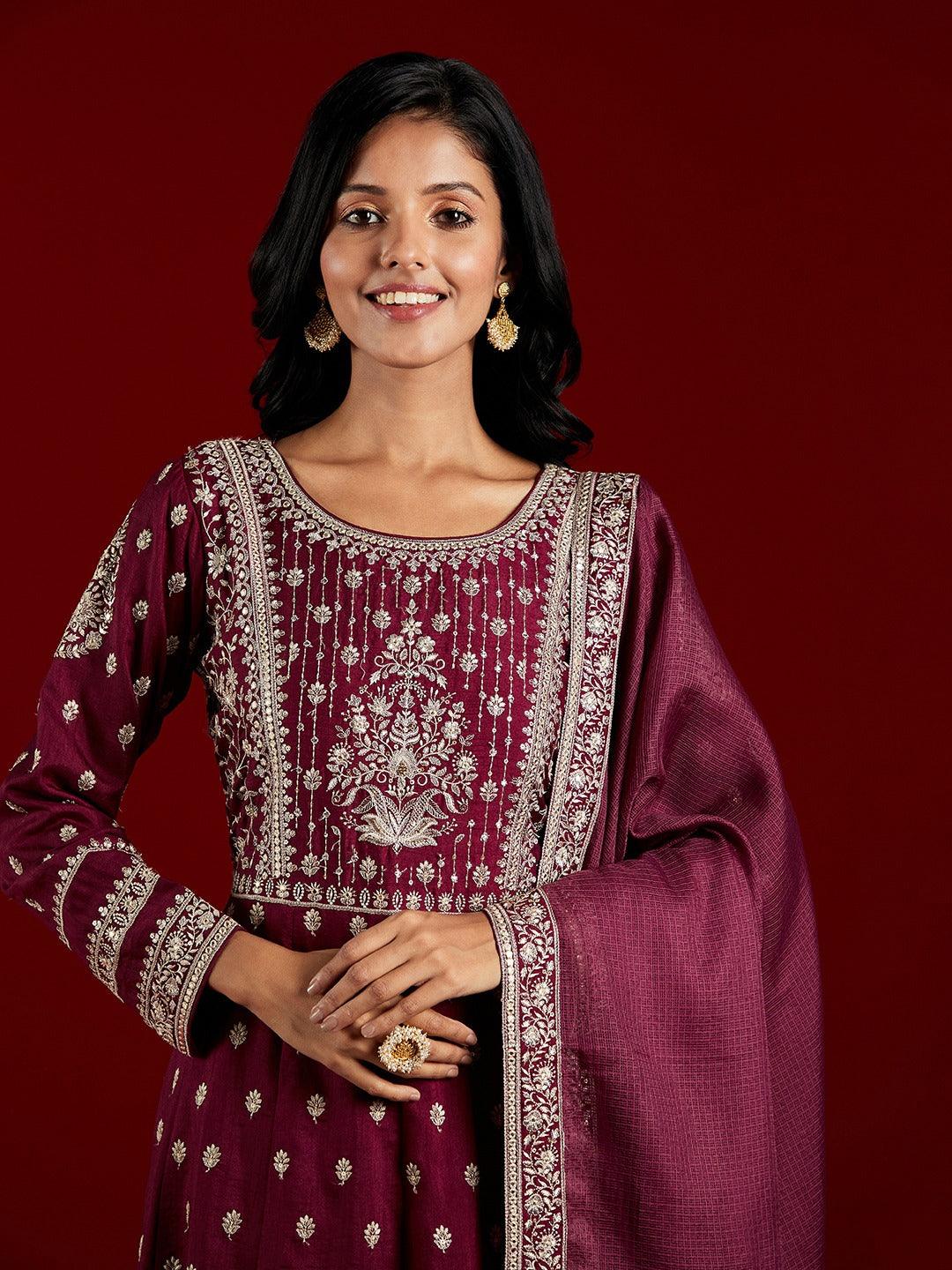 Libas Art Wine Embroidered Silk A-Line Kurta With Trousers & Dupatta