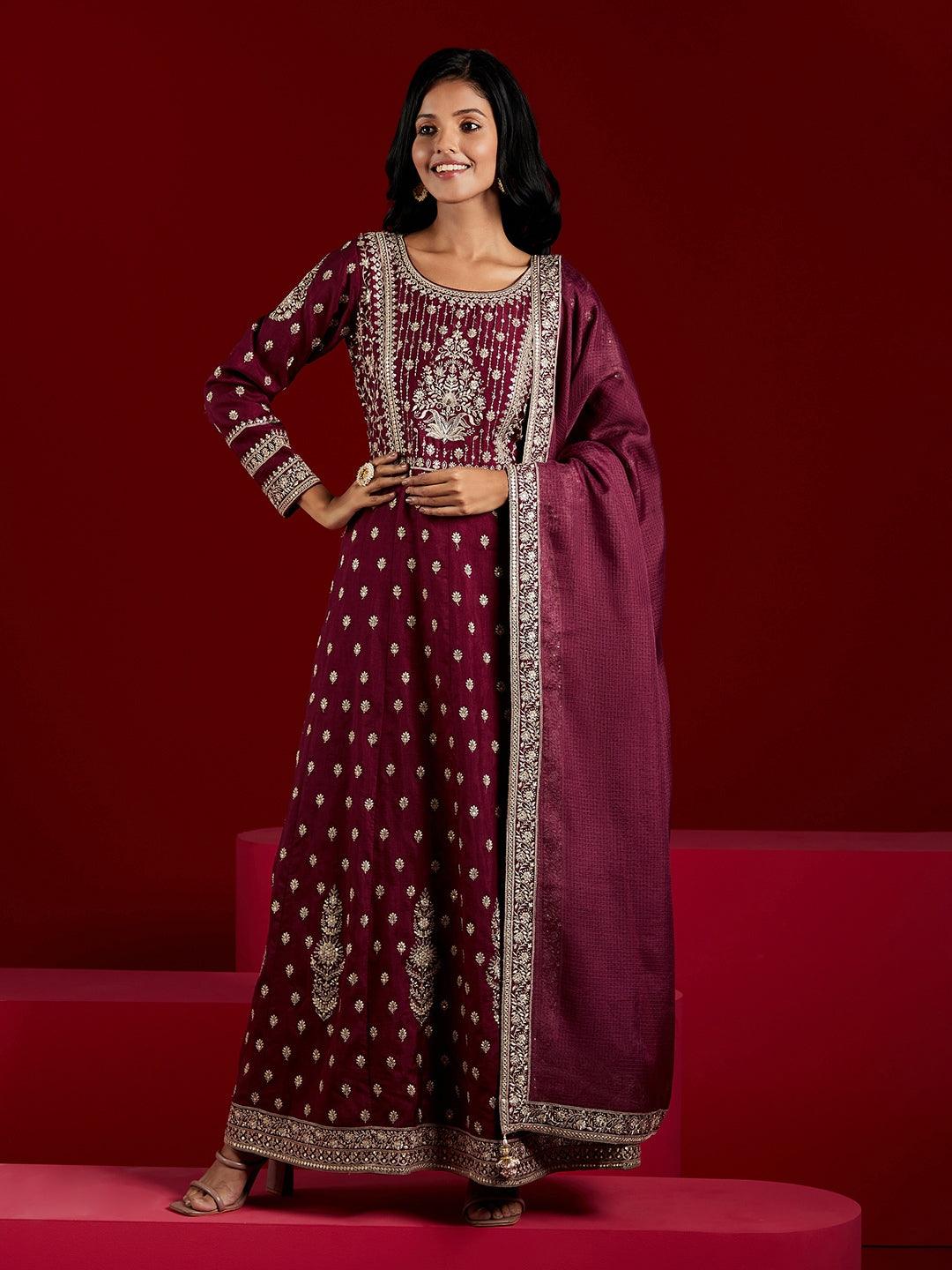 Libas Art Wine Embroidered Silk A-Line Kurta With Trousers & Dupatta