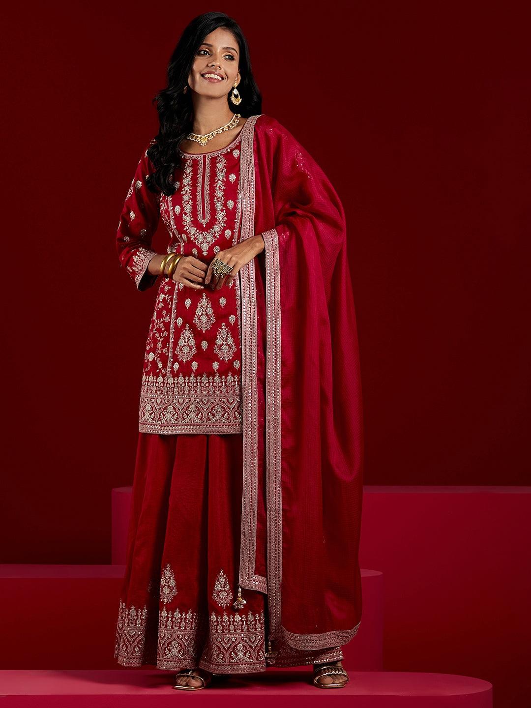 Libas Art Pink Embroidered Silk Straight Suit With Dupatta