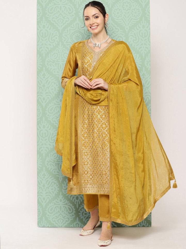 Mustard Woven Design Silk Blend Straight Kurta With Trousers & Dupatta - ShopLibas