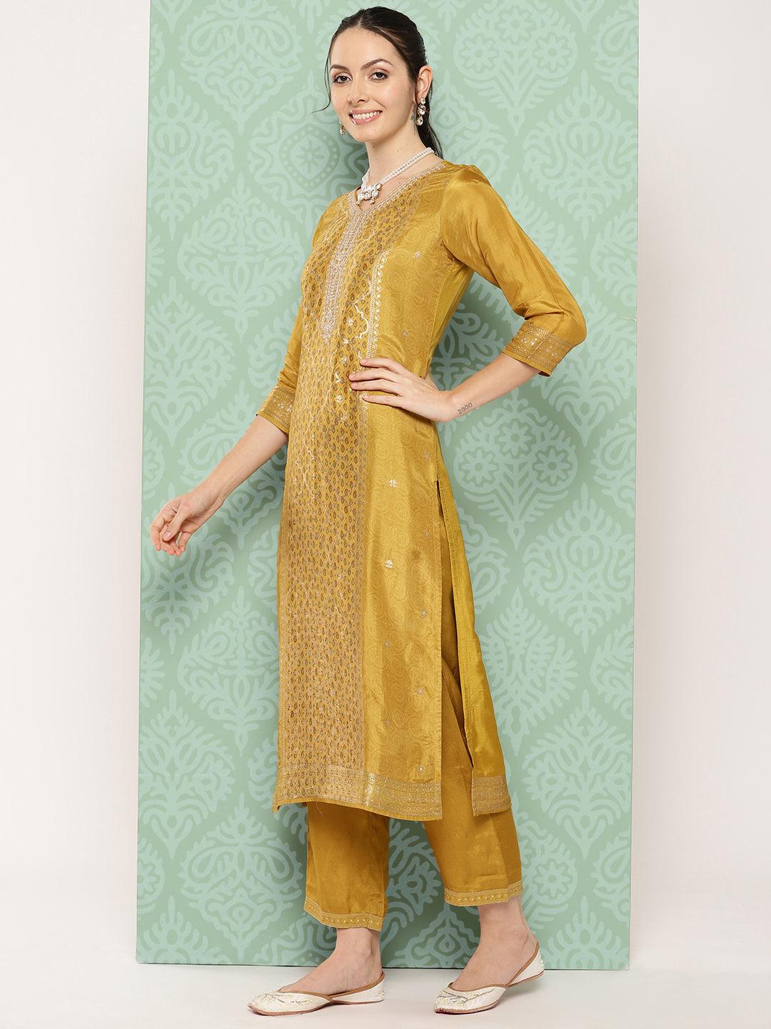 Mustard Woven Design Silk Blend Straight Kurta With Trousers & Dupatta - ShopLibas