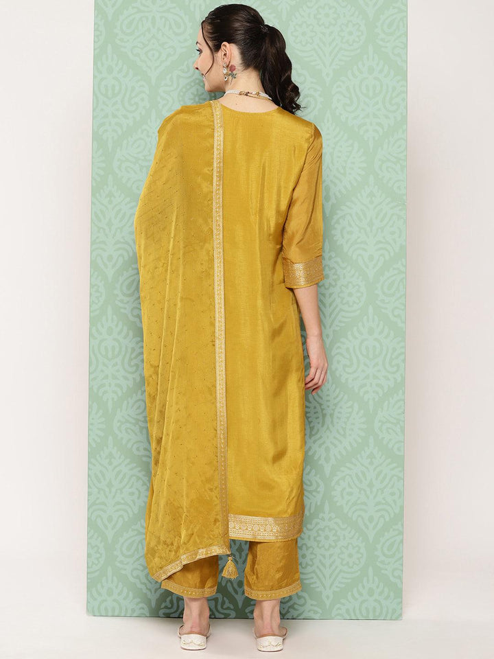 Mustard Woven Design Silk Blend Straight Kurta With Trousers & Dupatta - ShopLibas