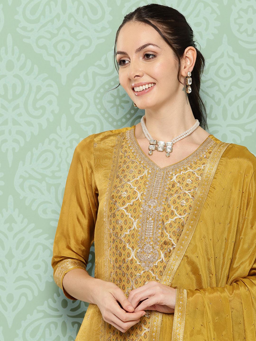 Mustard Woven Design Silk Blend Straight Kurta With Trousers & Dupatta - ShopLibas