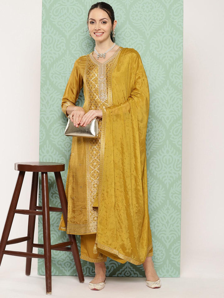 Mustard Woven Design Silk Blend Straight Kurta With Trousers & Dupatta - ShopLibas