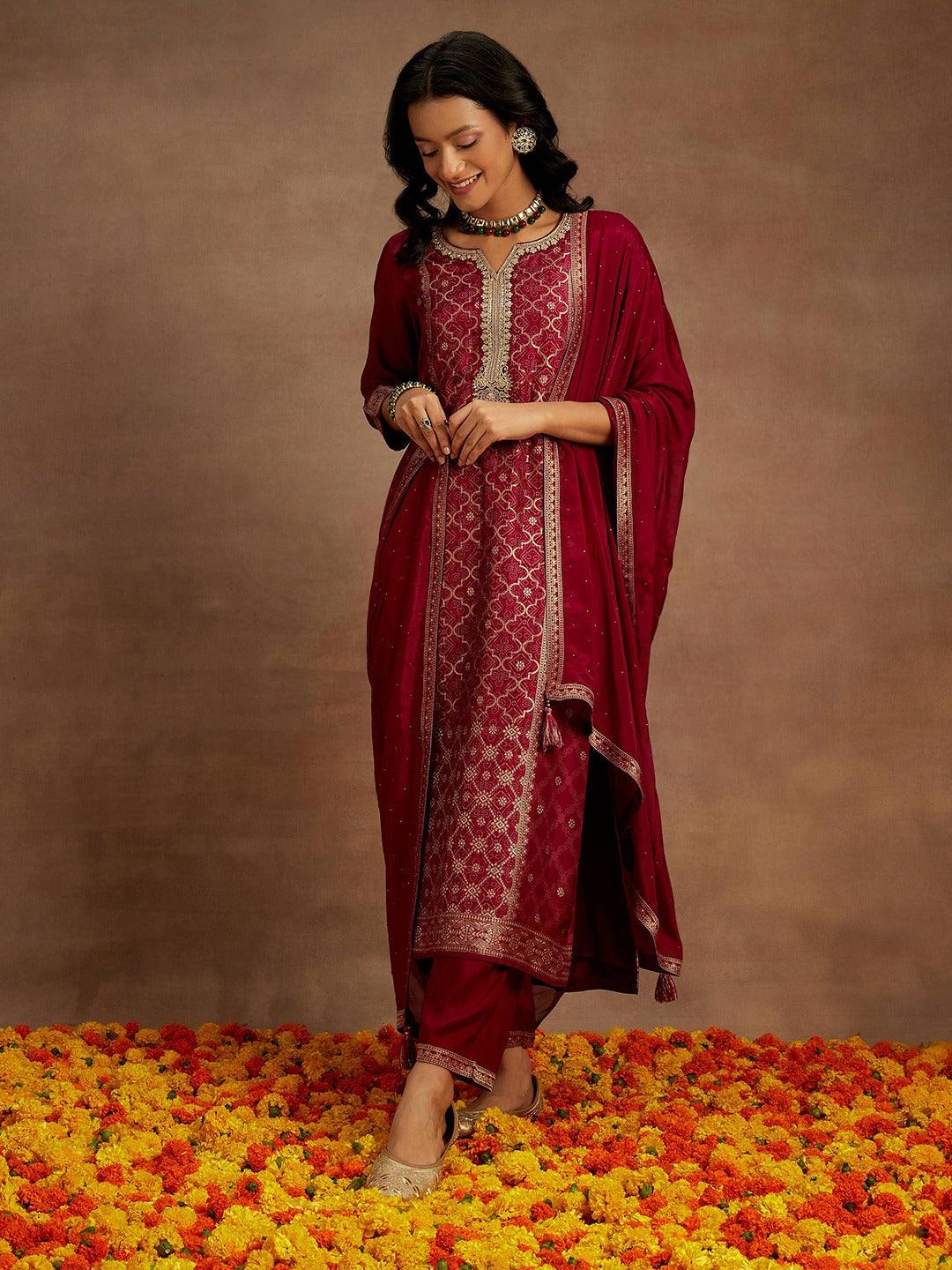 Fuchsia Woven Design Silk Blend Straight Kurta With Trousers & Dupatta - ShopLibas