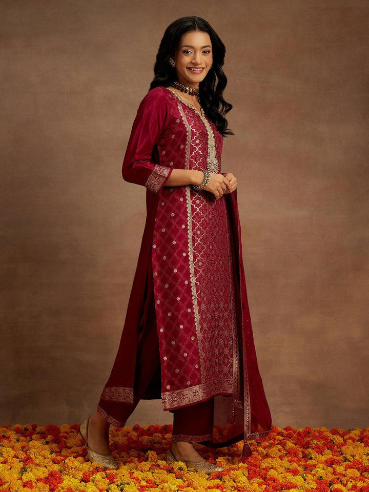 Fuchsia Woven Design Silk Blend Straight Kurta With Trousers & Dupatta - ShopLibas