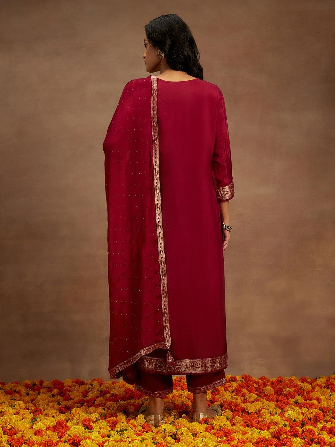 Fuchsia Woven Design Silk Blend Straight Kurta With Trousers & Dupatta - ShopLibas