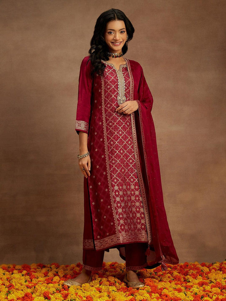 Fuchsia Woven Design Silk Blend Straight Kurta With Trousers & Dupatta - ShopLibas