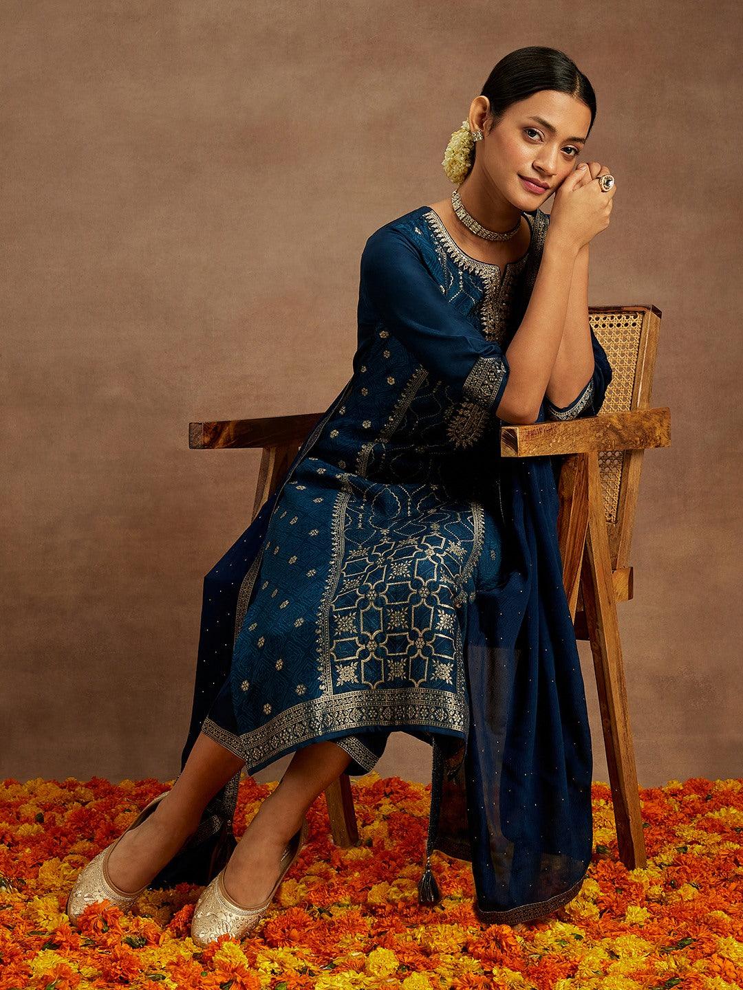 Blue Printed Silk Blend Straight Suit With Dupatta