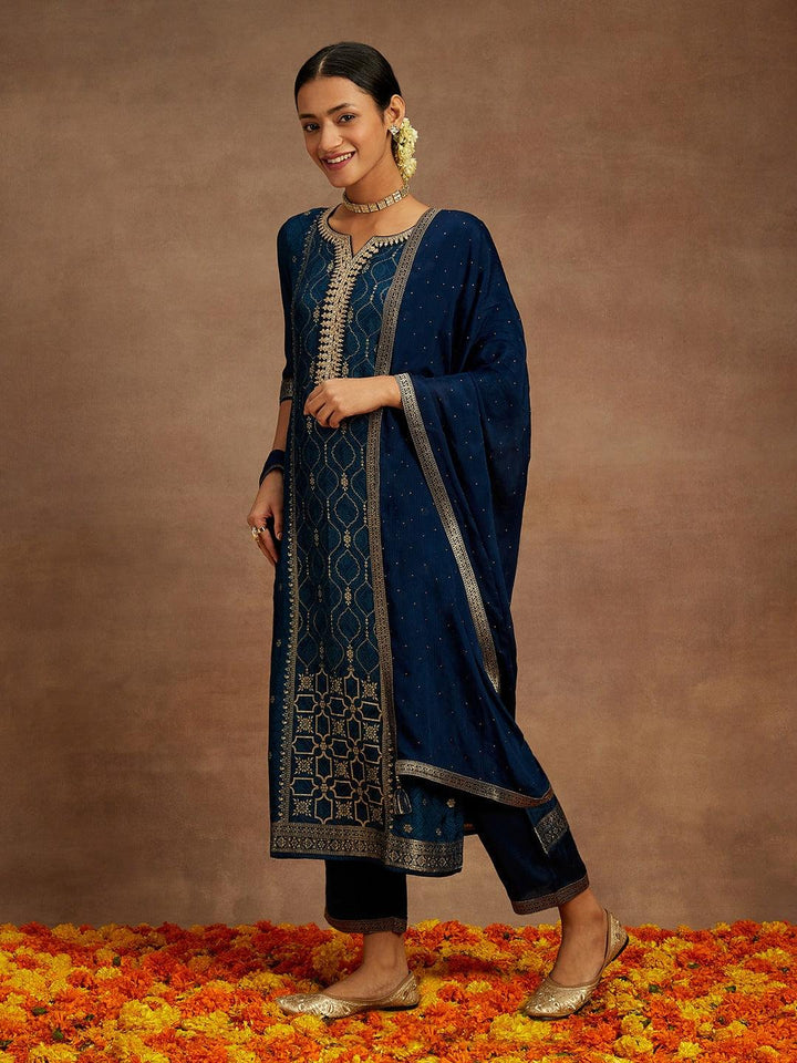 Navy Blue Printed Silk Blend Straight Kurta With Trousers & Dupatta - ShopLibas