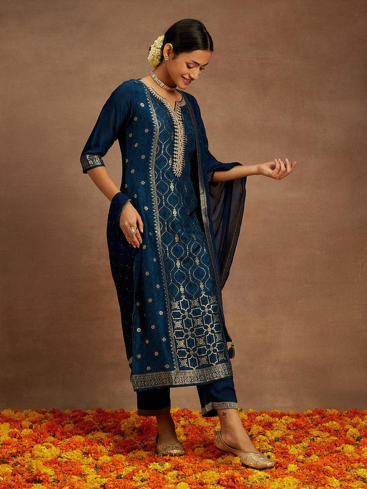 Navy Blue Printed Silk Blend Straight Kurta With Trousers & Dupatta - ShopLibas