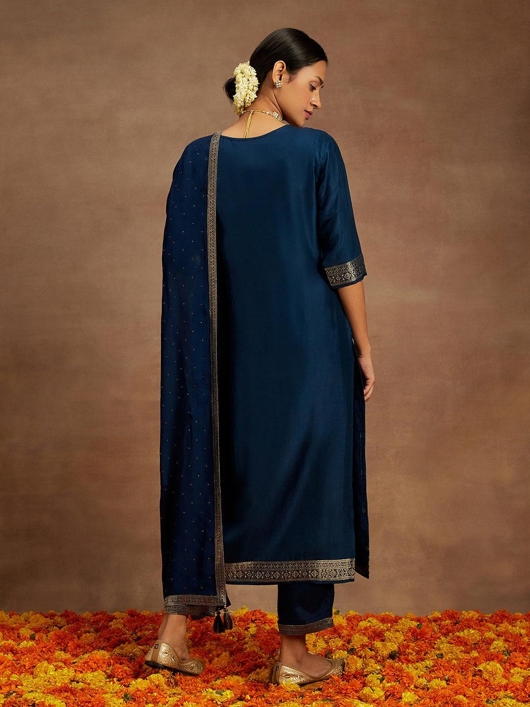 Blue Printed Silk Blend Straight Suit With Dupatta