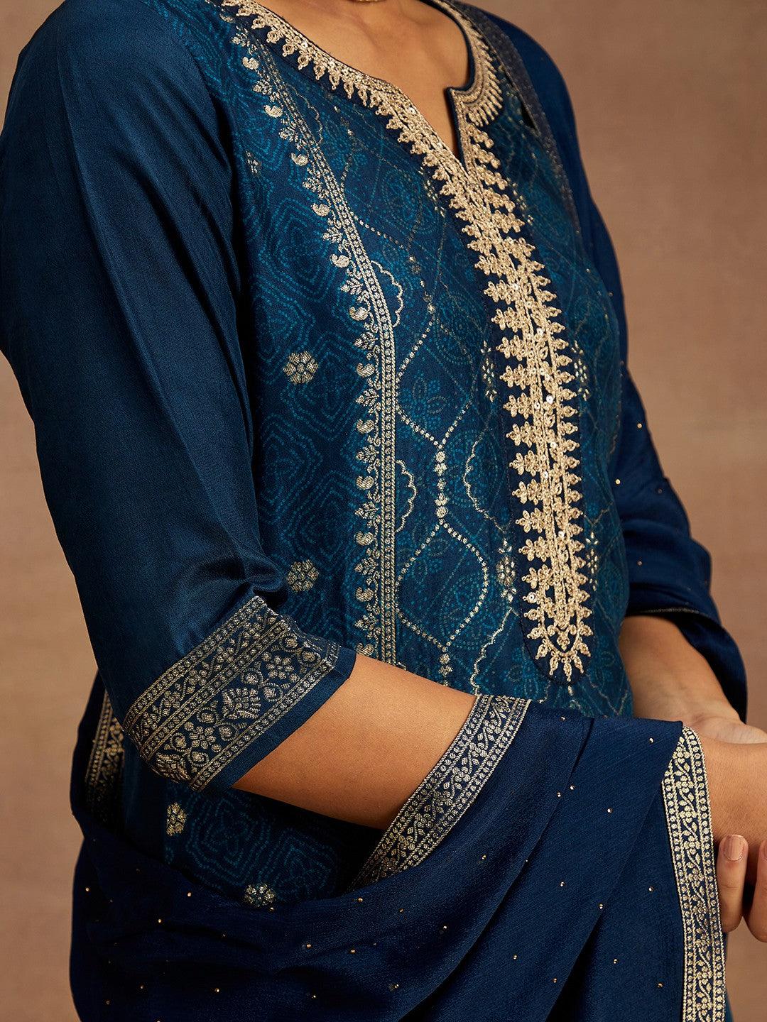 Blue Printed Silk Blend Straight Suit With Dupatta