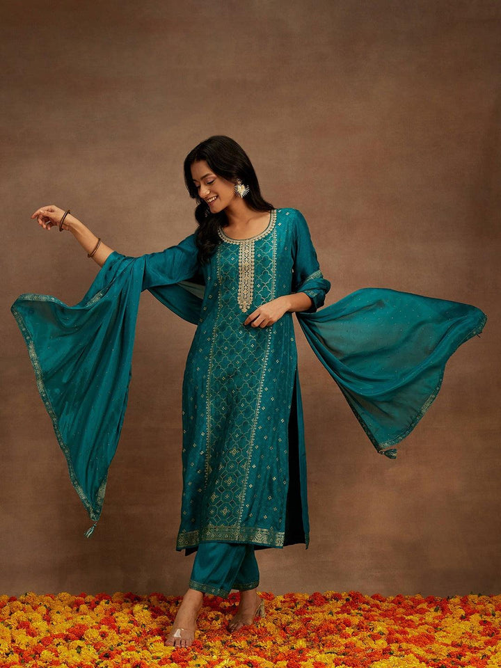 Green Woven Design Silk Blend Straight Kurta With Trousers & Dupatta - ShopLibas