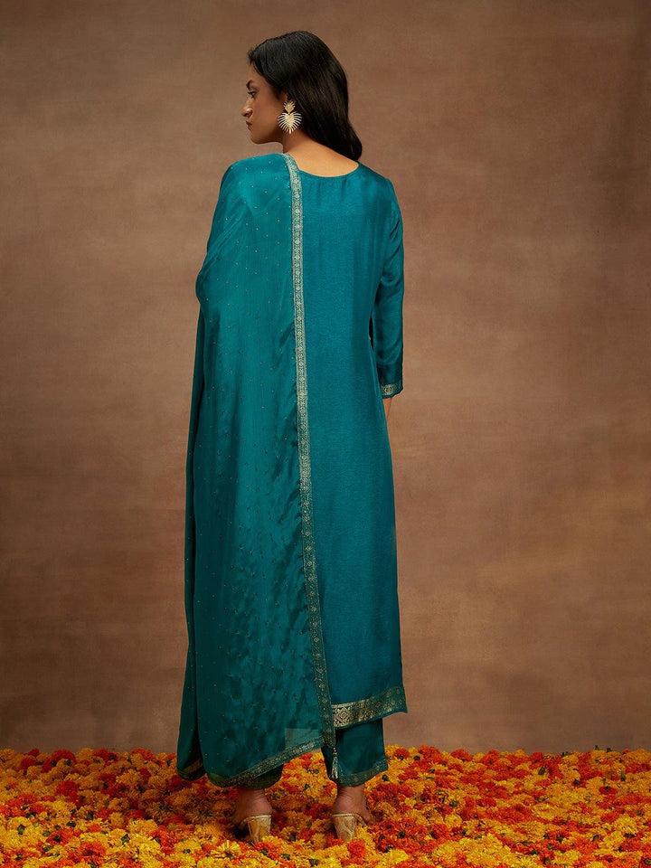 Green Woven Design Silk Blend Straight Kurta With Trousers & Dupatta - ShopLibas