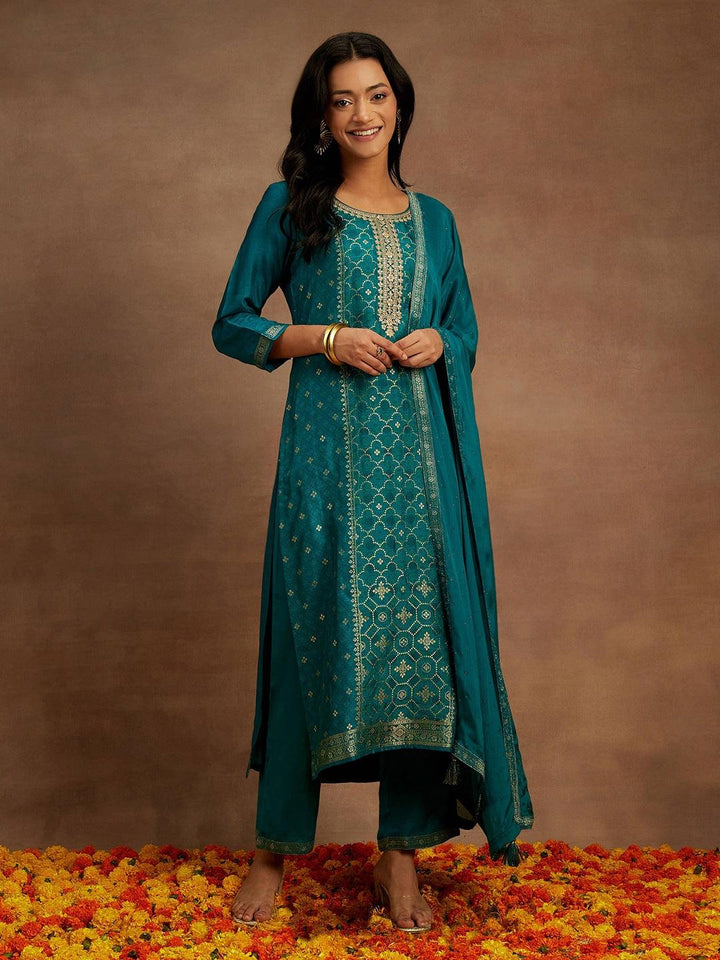 Green Woven Design Silk Blend Straight Kurta With Trousers & Dupatta - ShopLibas