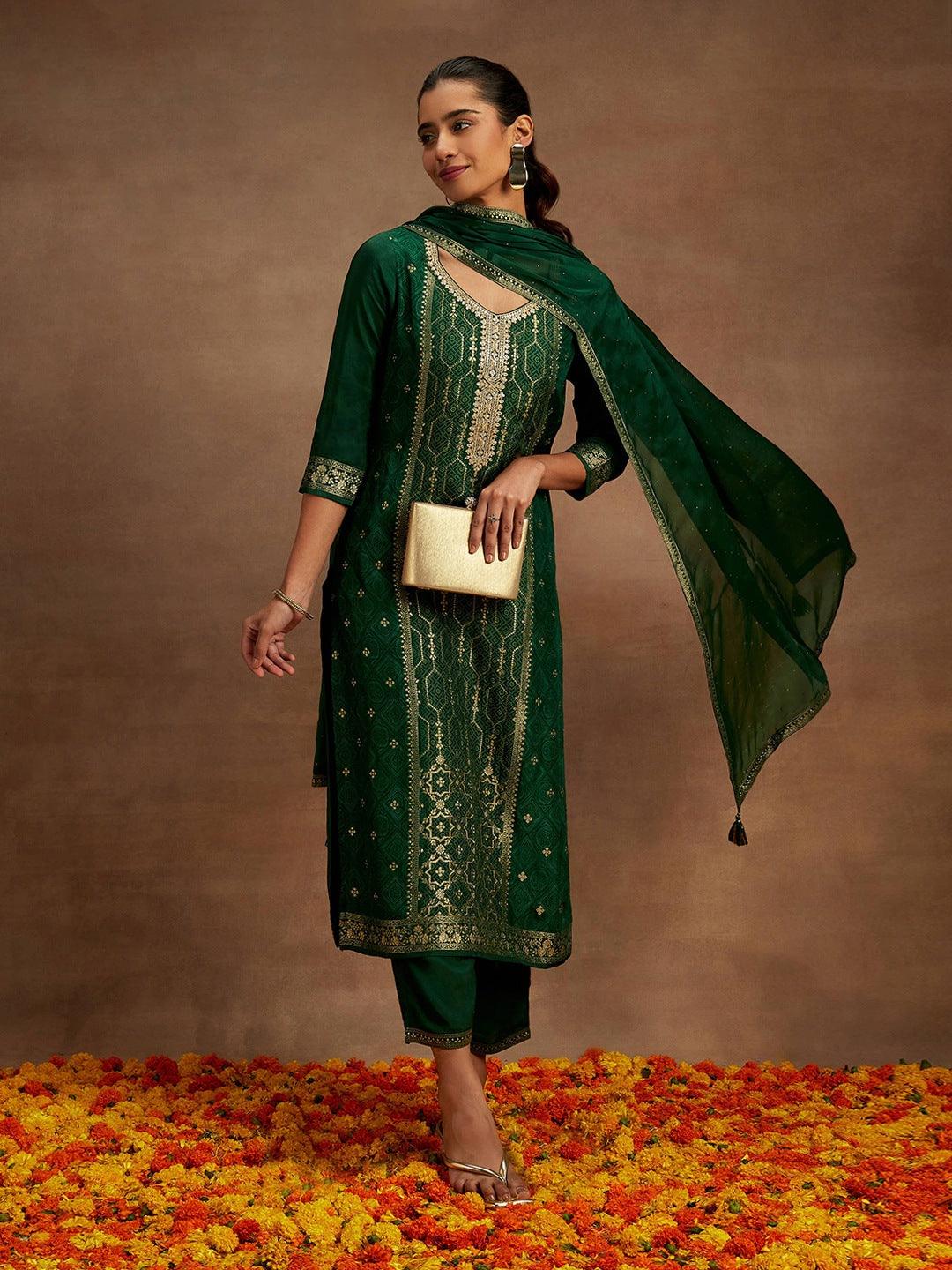 Green Woven Design Silk Blend Straight Suit With Dupatta