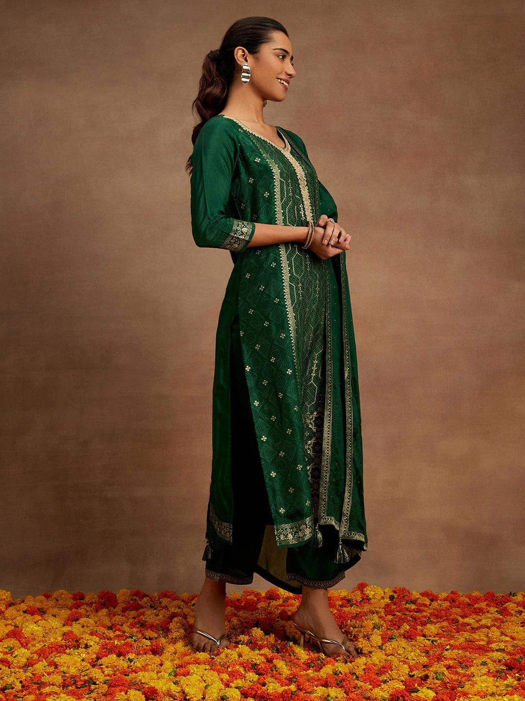 Bottle Green Woven Design Silk Blend Straight Kurta With Trousers & Dupatta - ShopLibas