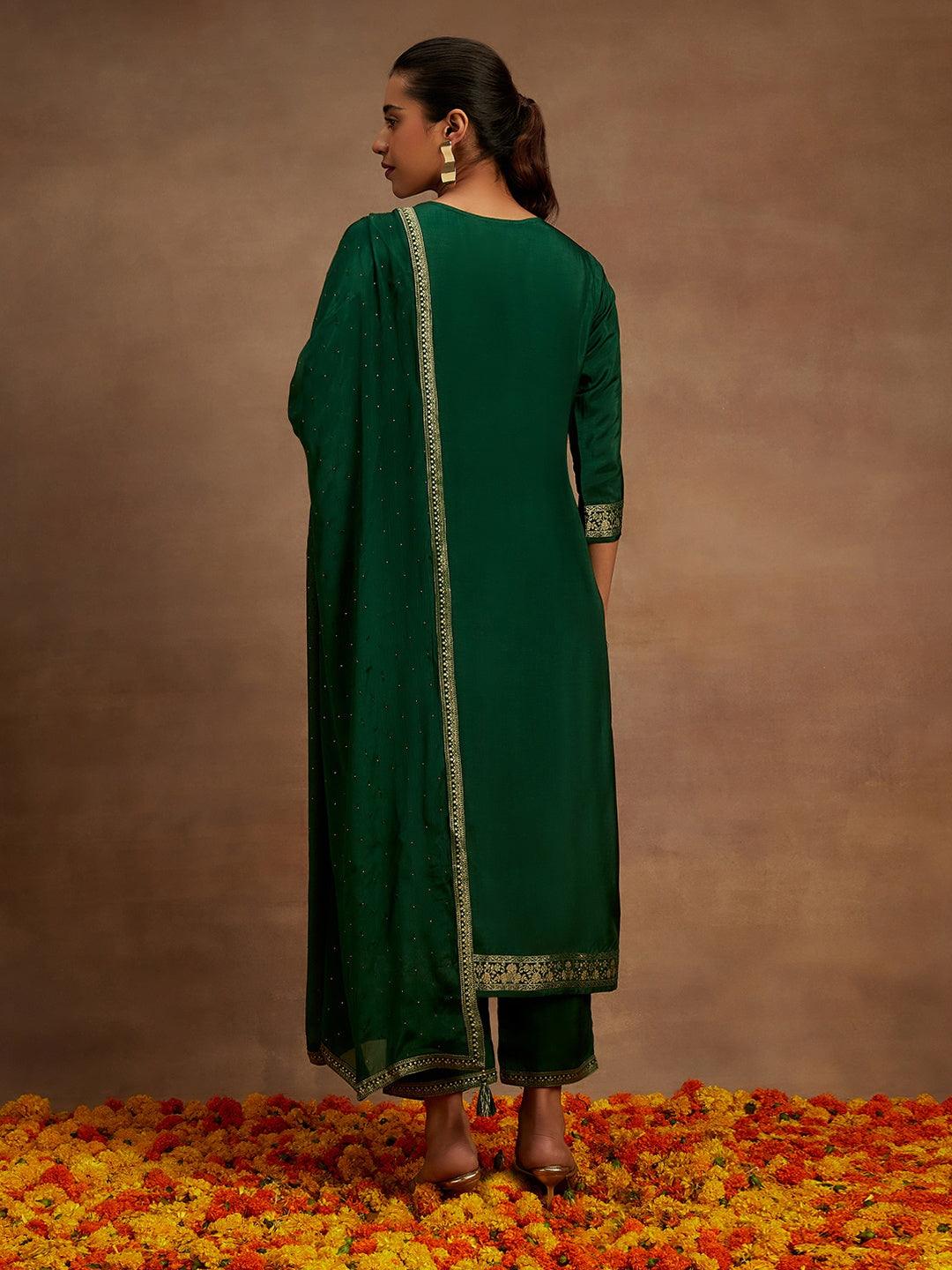 Bottle Green Woven Design Silk Blend Straight Kurta With Trousers & Dupatta - ShopLibas