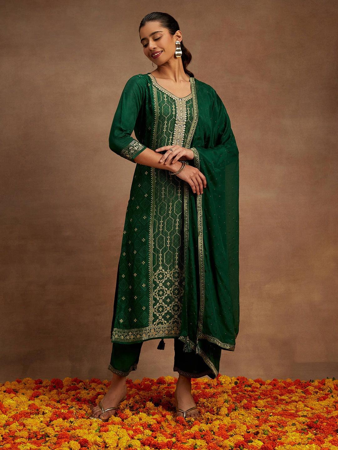 Bottle Green Woven Design Silk Blend Straight Kurta With Trousers & Dupatta - ShopLibas