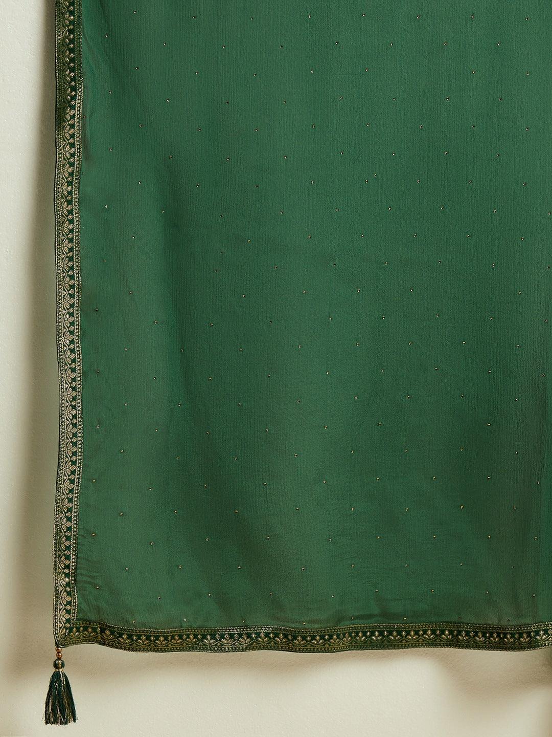 Bottle Green Woven Design Silk Blend Straight Kurta With Trousers & Dupatta - ShopLibas