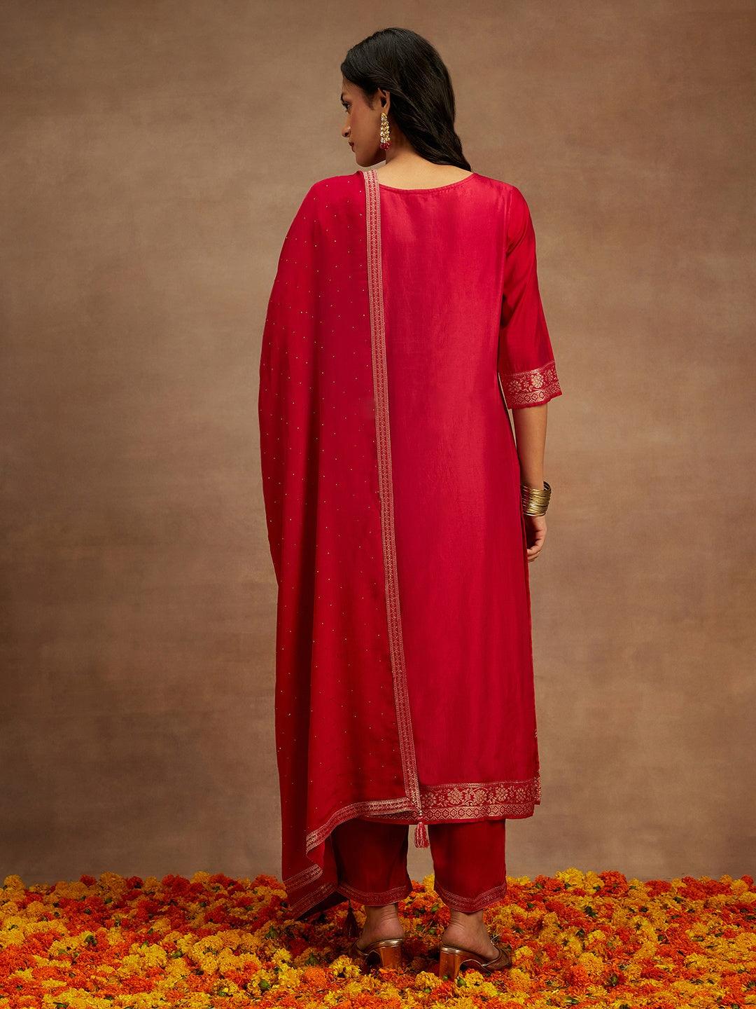 Fuchsia Pink Woven Design Silk Blend Straight Kurta With Trousers & Dupatta - ShopLibas