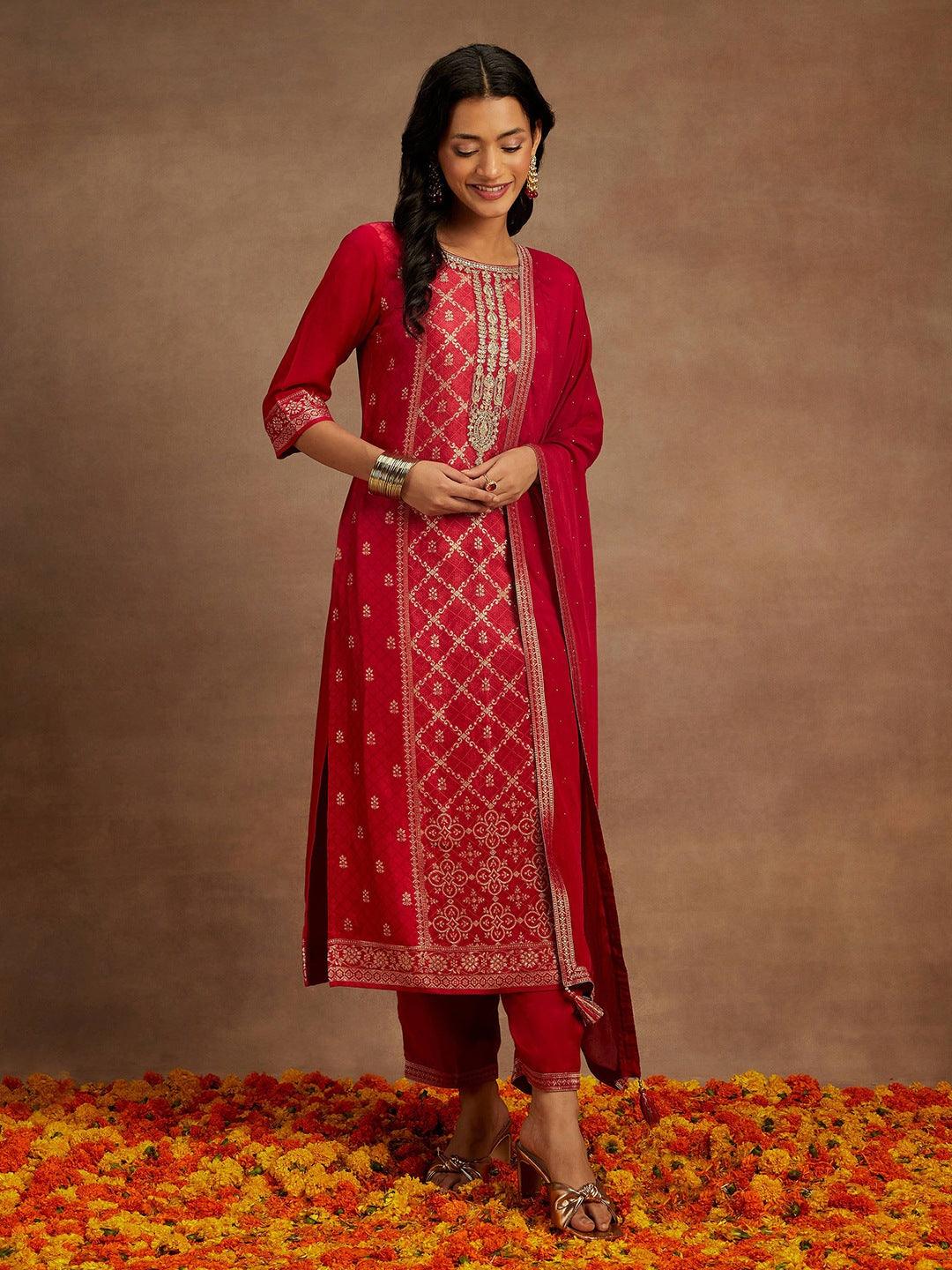 Fuchsia Pink Woven Design Silk Blend Straight Kurta With Trousers & Dupatta - ShopLibas