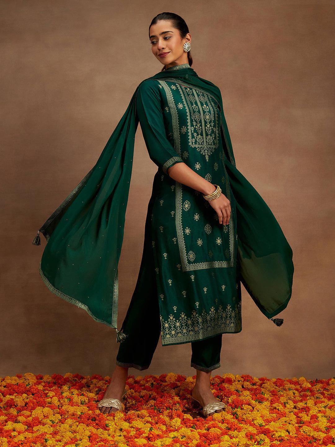 Green Woven Design Silk Blend Straight Suit With Dupatta