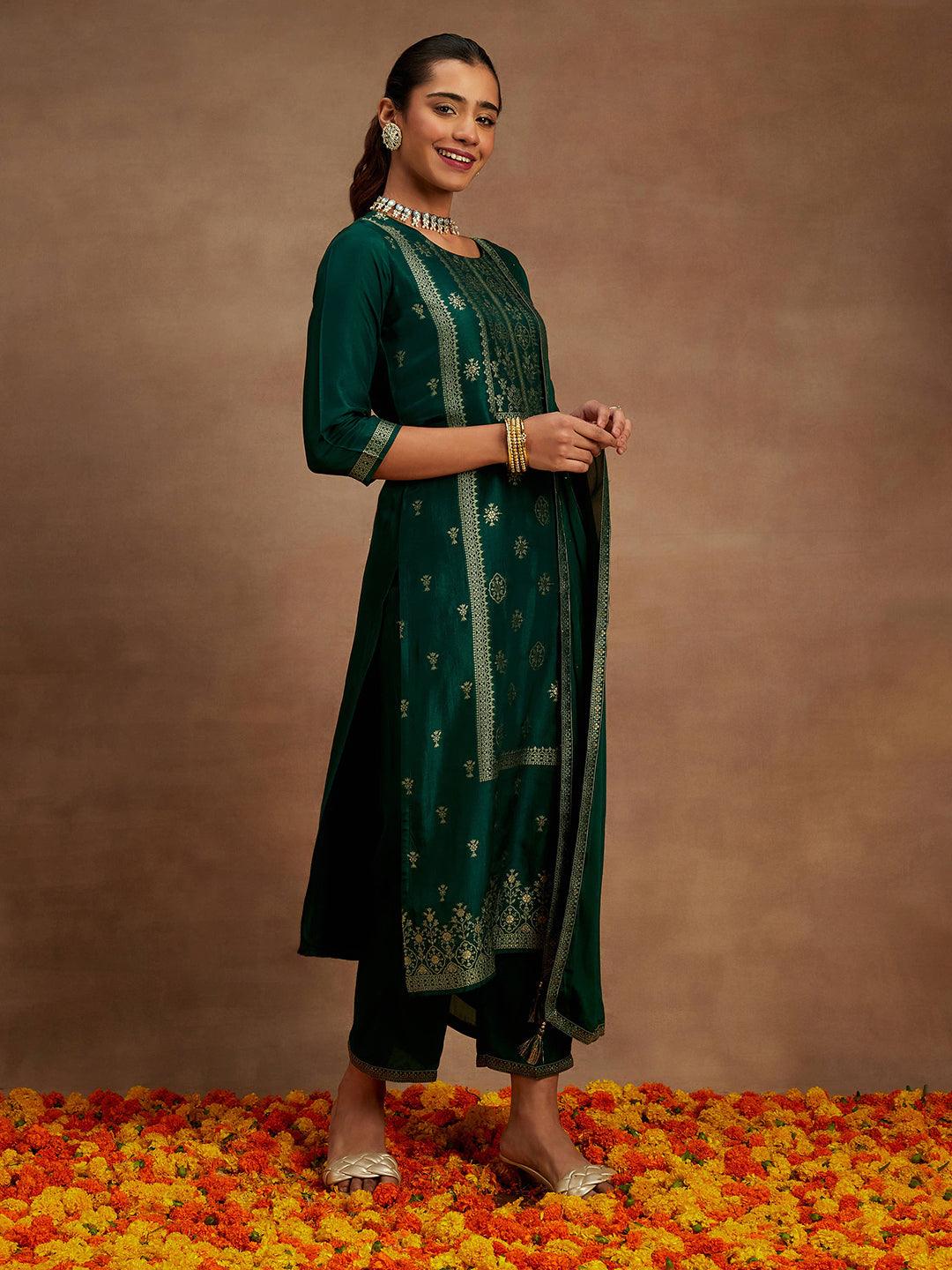 Green Woven Design Silk Blend Straight Suit With Dupatta