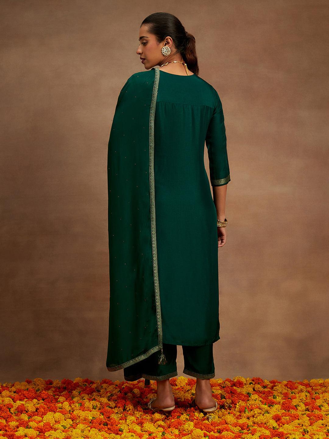 Green Woven Design Silk Blend Straight Suit With Dupatta