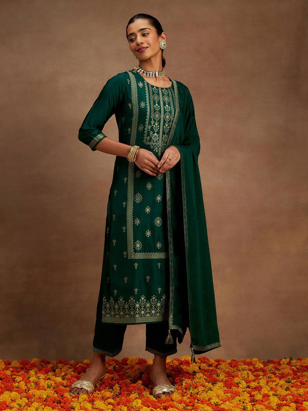 Green Woven Design Silk Blend Straight Suit With Dupatta