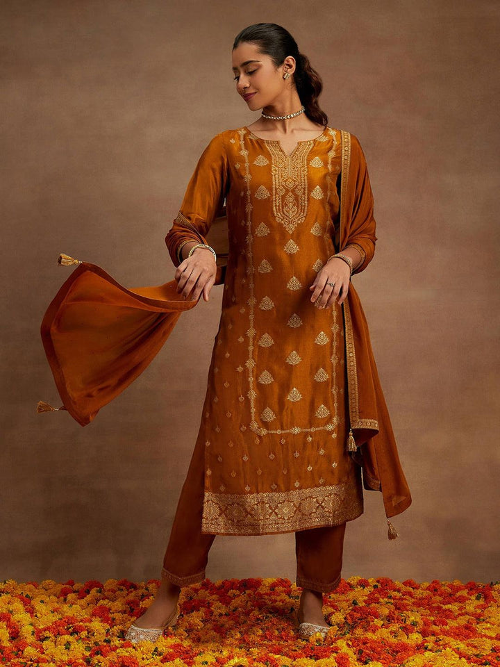 Mustard Woven Design Silk Blend Straight Kurta With Trousers & Dupatta - ShopLibas