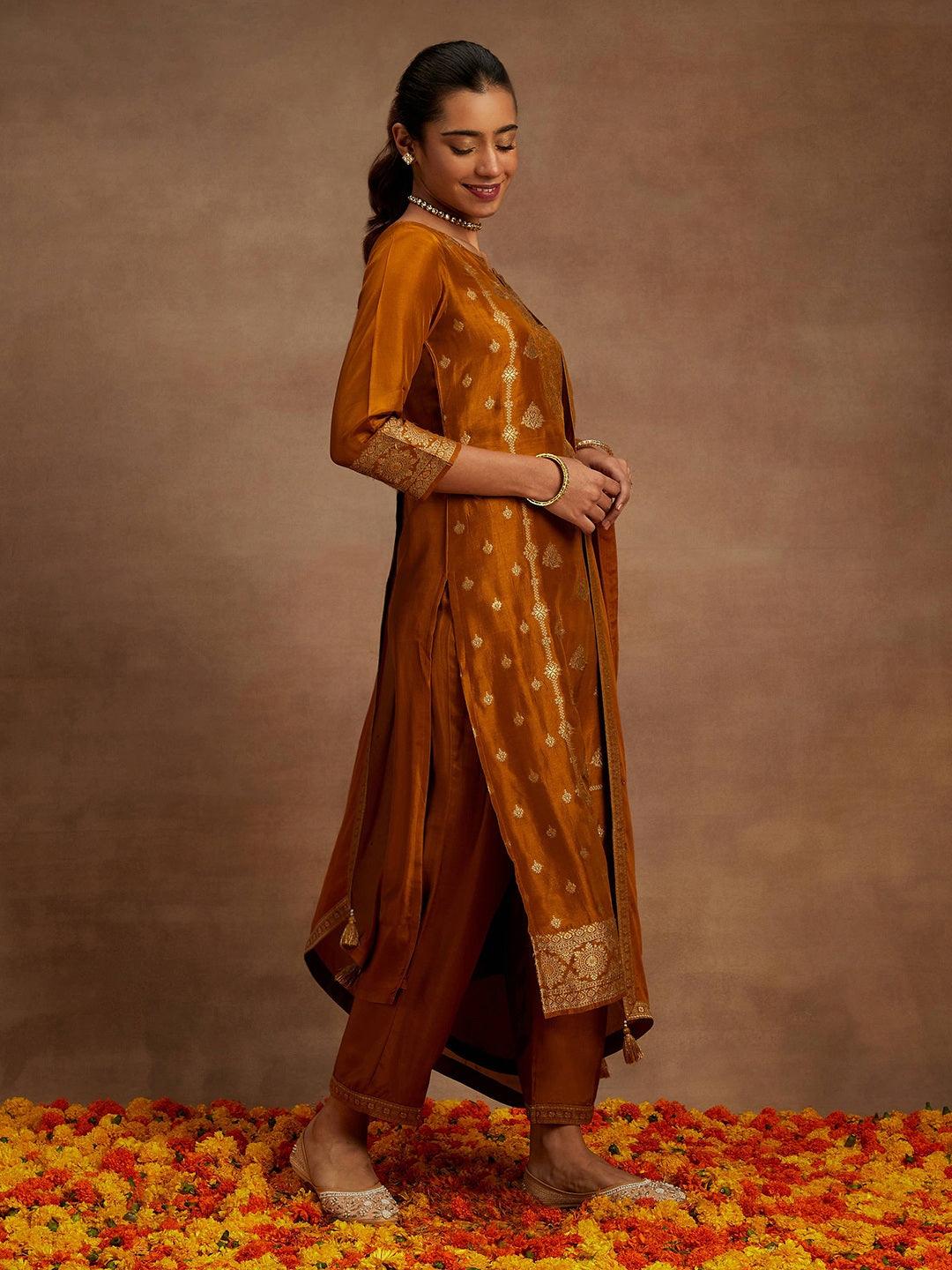 Mustard Woven Design Silk Blend Straight Kurta With Trousers & Dupatta - ShopLibas