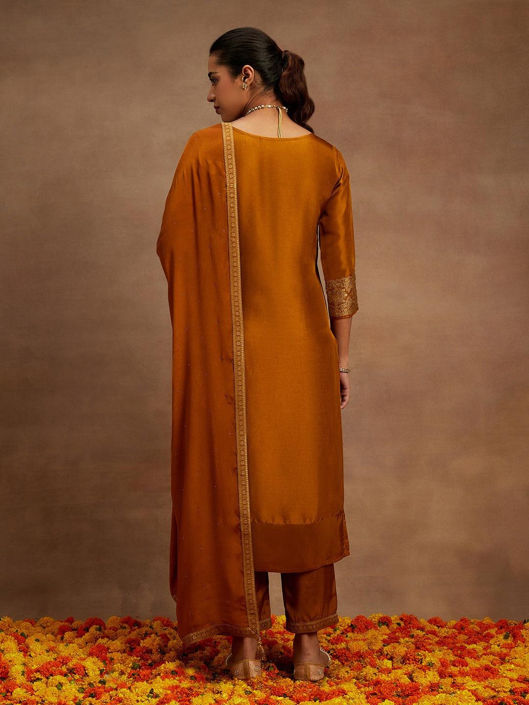 Mustard Woven Design Silk Blend Straight Kurta With Trousers & Dupatta - ShopLibas