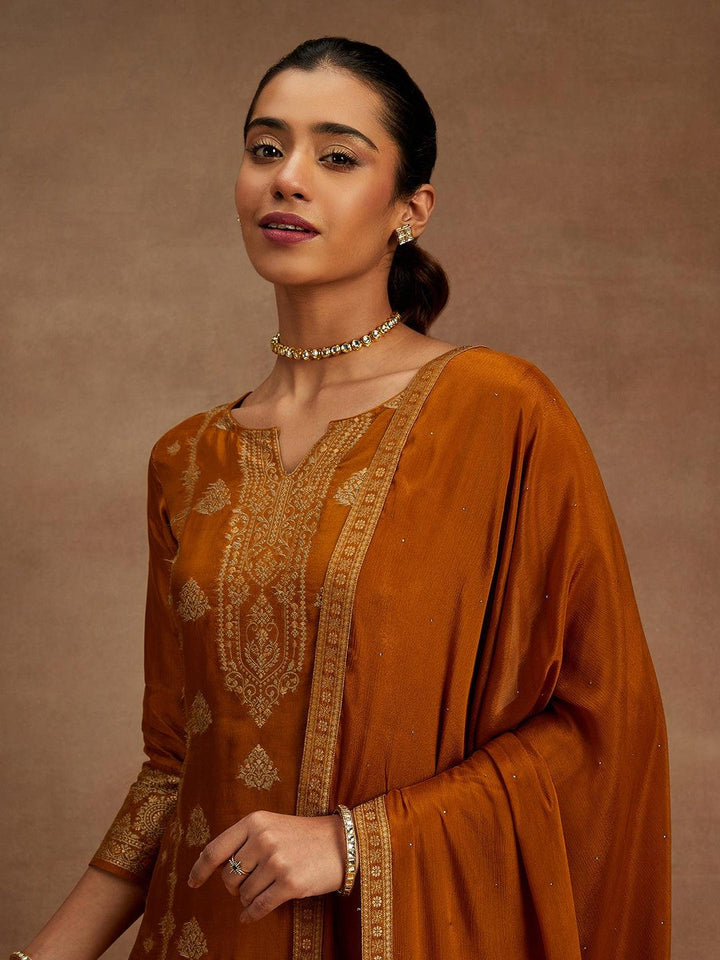 Mustard Woven Design Silk Blend Straight Kurta With Trousers & Dupatta - ShopLibas