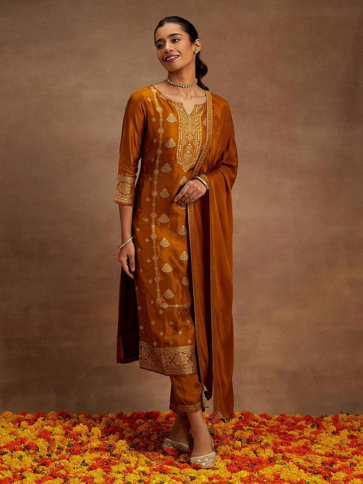 Mustard Woven Design Silk Blend Straight Kurta With Trousers & Dupatta - ShopLibas