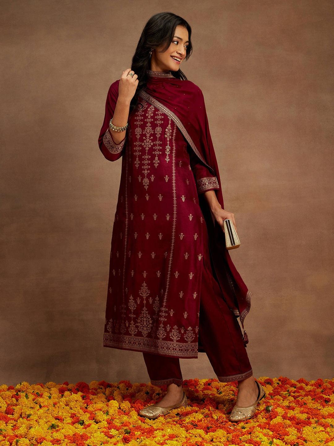 Burgundy Woven Design Silk Blend Straight Suit With Dupatta