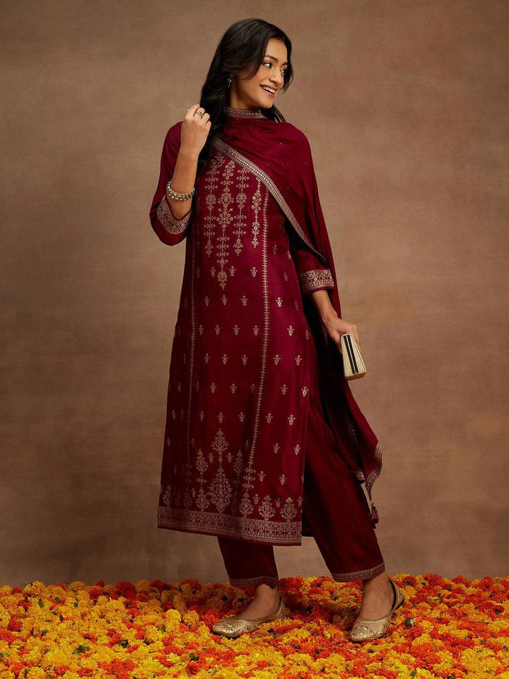 Burgundy Woven Design Silk Blend Straight Kurta With Trousers & Dupatta - ShopLibas