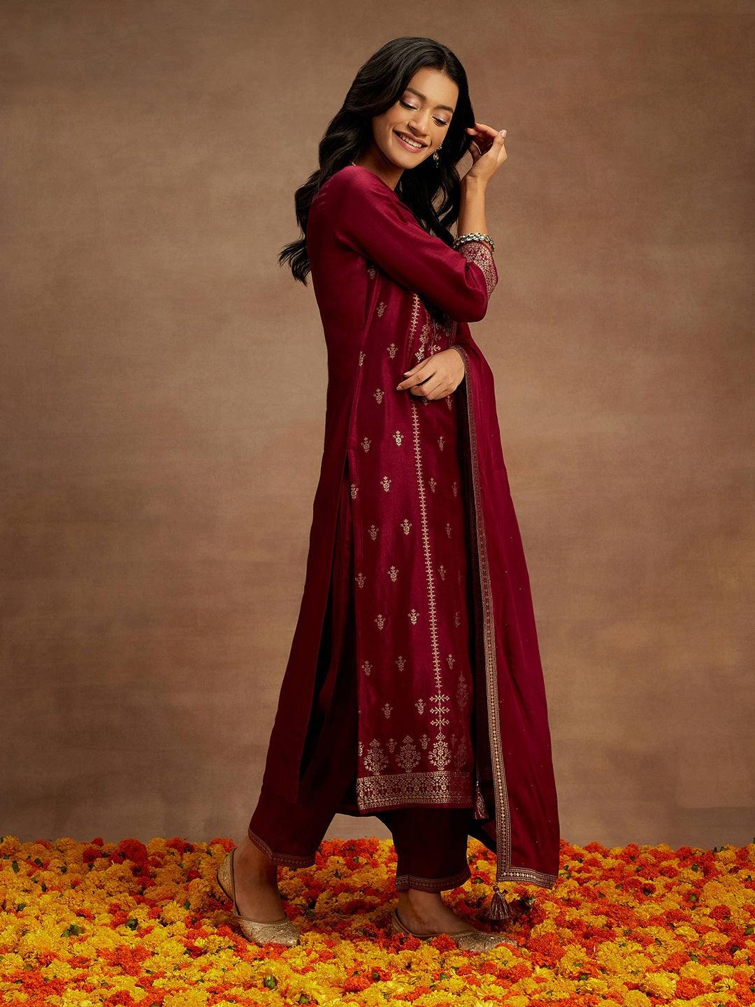 Burgundy Woven Design Silk Blend Straight Suit With Dupatta