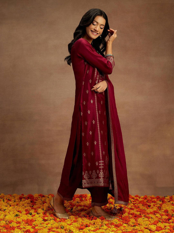 Burgundy Woven Design Silk Blend Straight Kurta With Trousers & Dupatta - ShopLibas