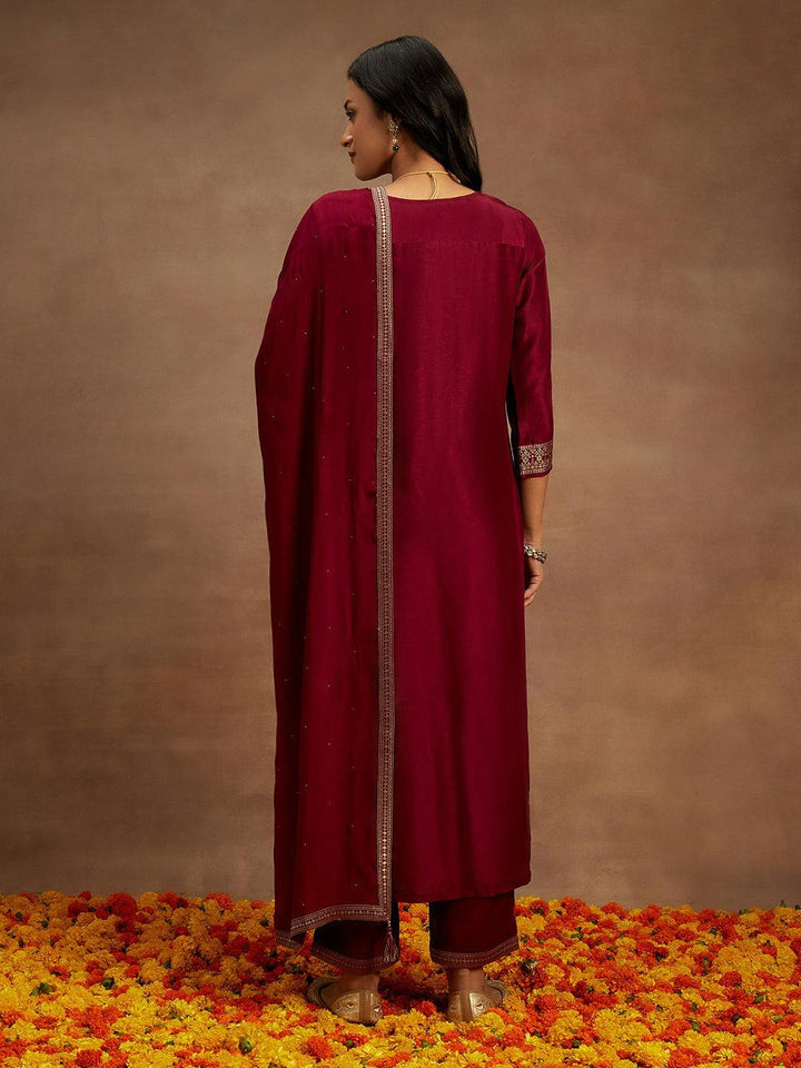 Burgundy Woven Design Silk Blend Straight Kurta With Trousers & Dupatta - ShopLibas