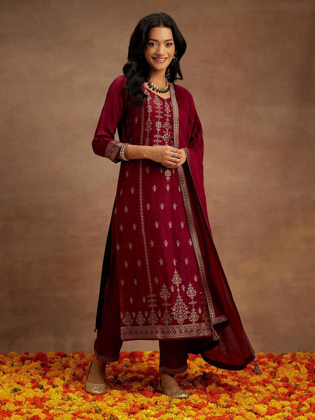 Burgundy Woven Design Silk Blend Straight Kurta With Trousers & Dupatta - ShopLibas